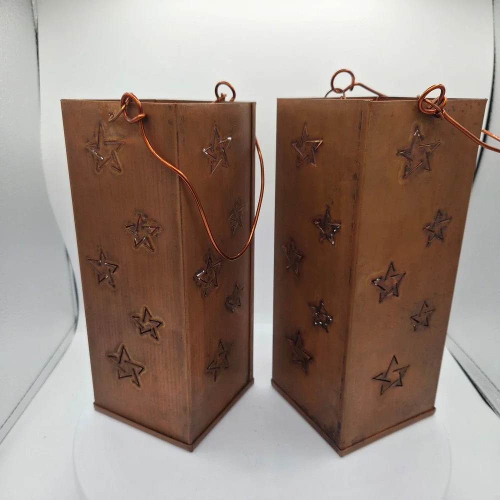 Southern Living Copper Angel Star Punched Lanterns Set/2 Primitive Decor Retired